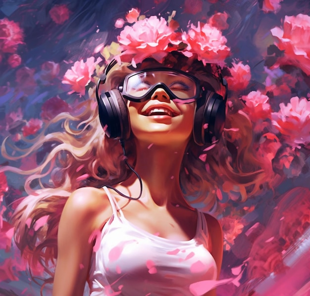 A woman with headphones on and a flower on her head