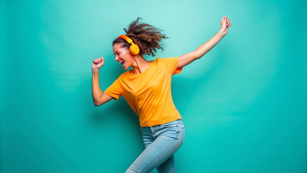 Photo a woman with headphones on and a green background