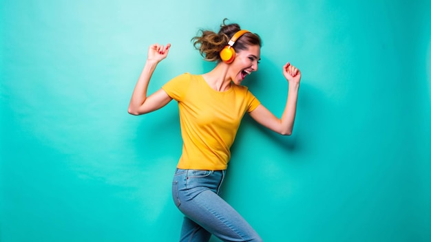 Photo a woman with headphones on and a green background