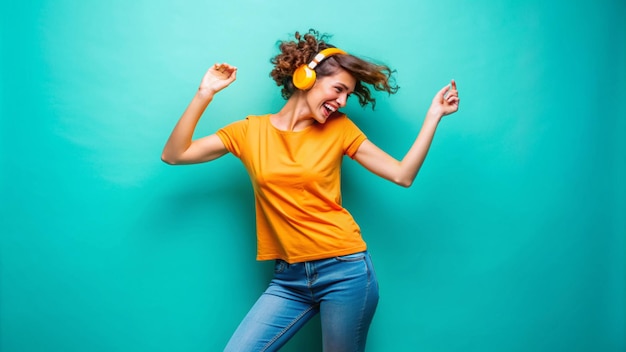 Photo a woman with headphones on and a green background