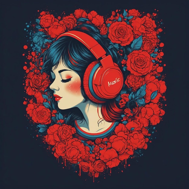 a woman with headphones and a heart with hearts in the background