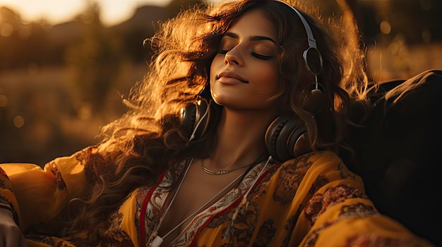 a woman with headphones on her head and eyes closed