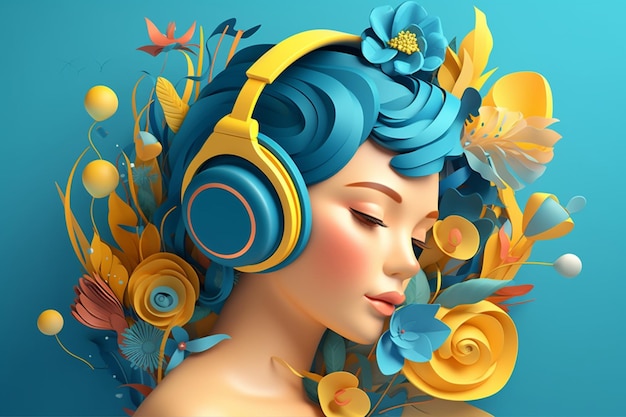 A woman with headphones on her head is surrounded by flowers