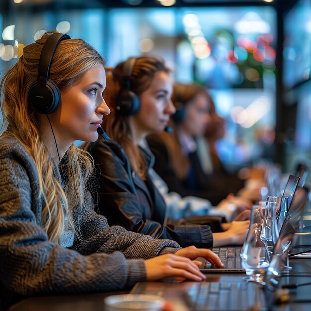 Photo a woman with headphones on her head and a laptop on the table