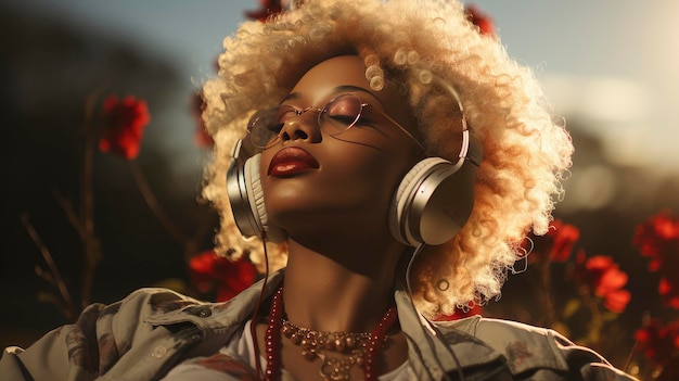 a woman with headphones on her head and a pair of headphones