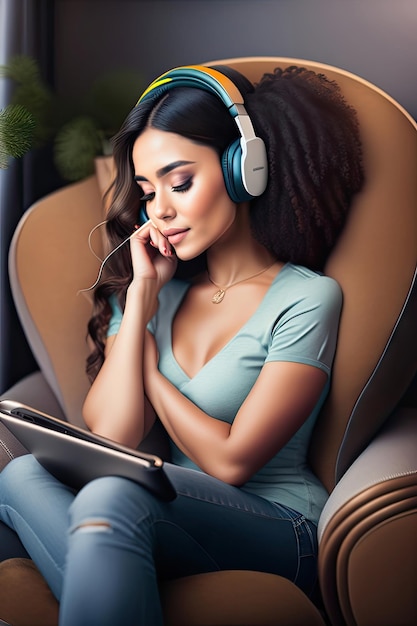 a woman with headphones on her head and the words " music " on the screen.