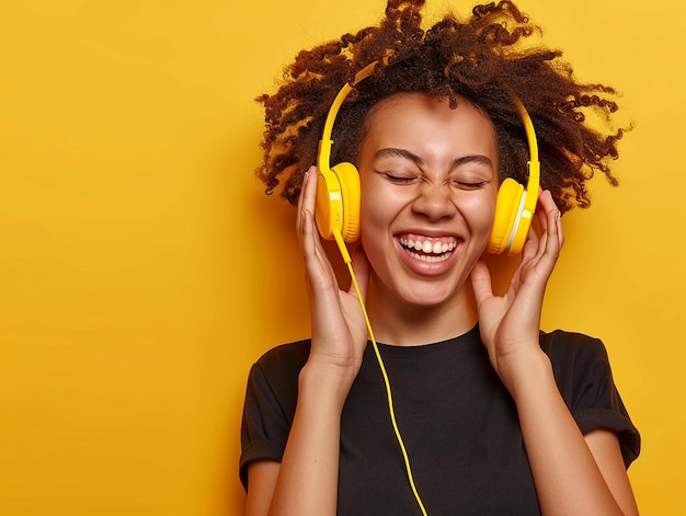 a woman with headphones on her head and the yellow background