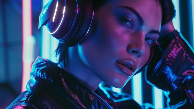 Woman with headphones illuminated by vibrant neon in a futuristic setting