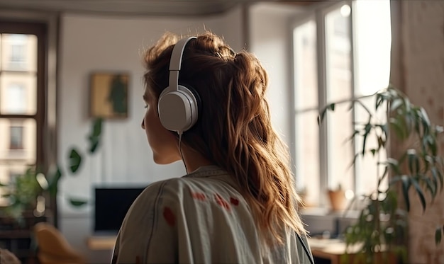 A woman with headphones is listening to music relaxing in the living room generative AI