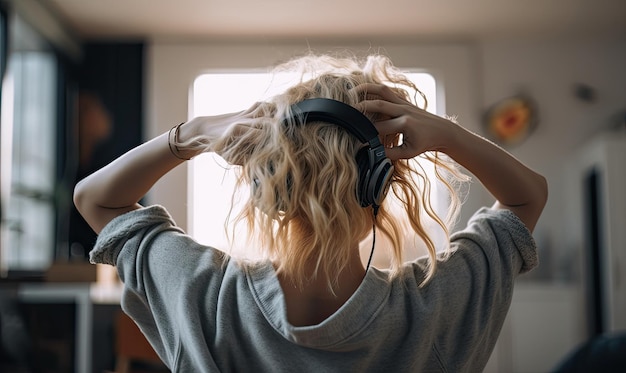 A woman with headphones is listening to music relaxing in the living room generative AI