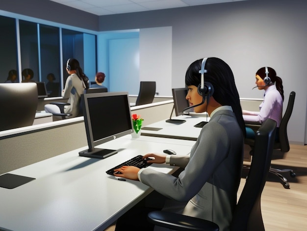 Photo a woman with headphones on and a keyboard in front of her