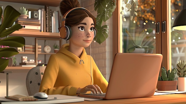 a woman with headphones on and a laptop on her desk