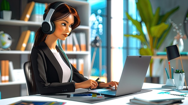 a woman with headphones on and a laptop on her desk