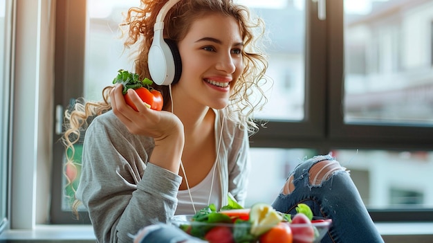 woman with headphones listening to music at home and eating saolat