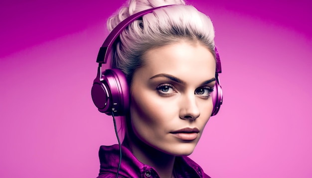 woman with headphones on magenta or pink background generative ai technology