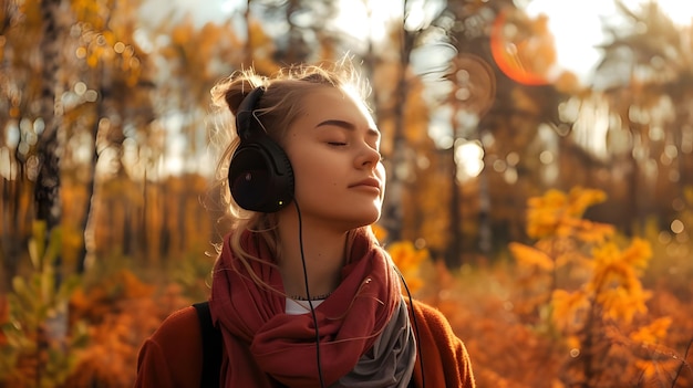 Woman with headphones in nature