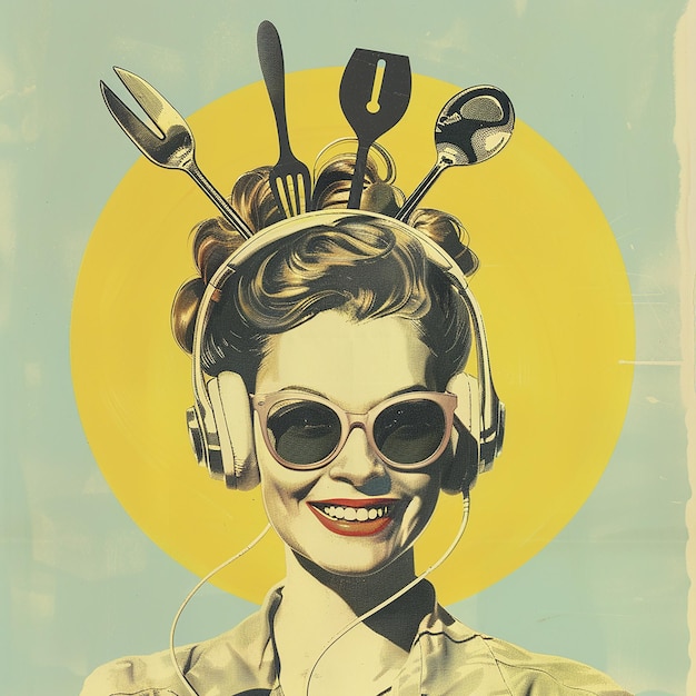 Photo a woman with headphones on and a pair of scissors on her head