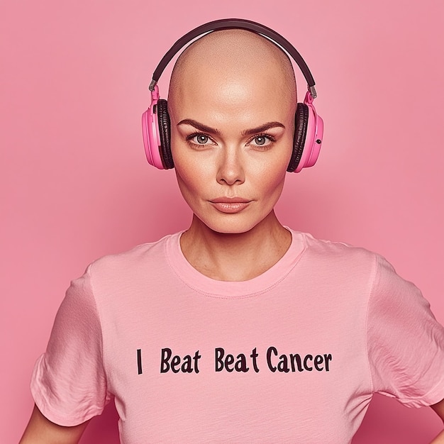 Photo a woman with headphones and a pink shirt that says i beat cancer