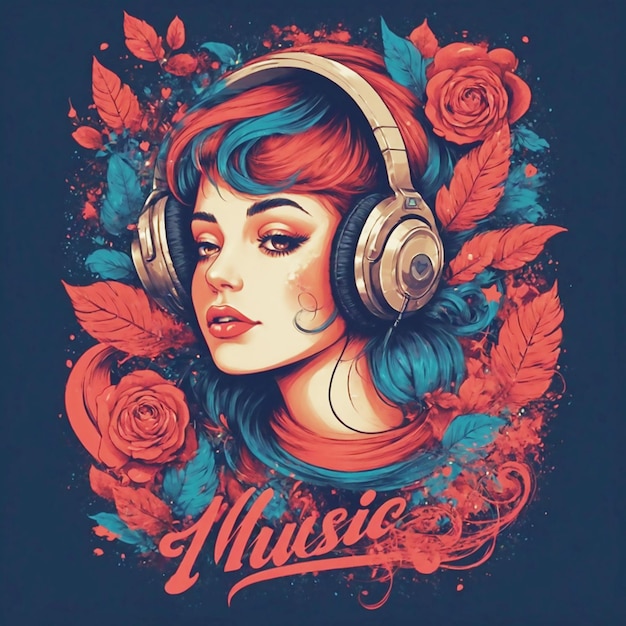 a woman with headphones and a red and blue flower