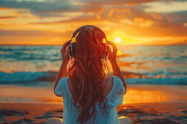 Photo woman with headphones relaxing listening to music on the beach at sunset