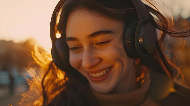 Photo a woman with headphones on and a smile on her face