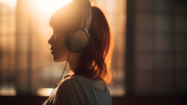 A woman with a headphones on and the sun shining on her face