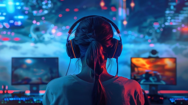 a woman with headphones that has the words music on the screen