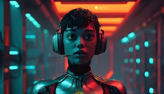 a woman with headphones that says robot