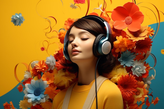 A Woman with Headphones on and A Yellow Background with 3D Colorful Flowers Premium Ai Image