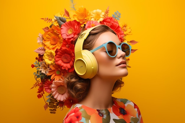 A Woman with Headphones on and A Yellow Background with 3D Colorful Flowers Premium Ai Image