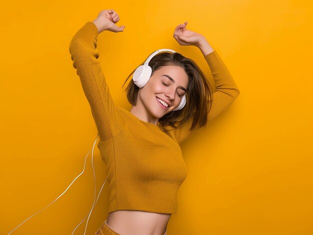 Photo a woman with headphones on and a yellow background