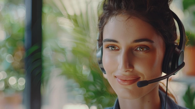 Photo a woman with a headset engaging with customers against a lush green backdrop of indoor plants creates a warm professional atmosphere