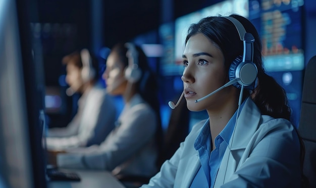 a woman with a headset in front of a row of headset with other people in the background