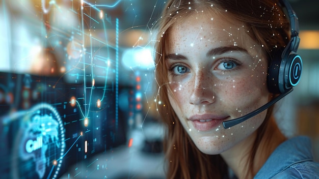 a woman with a headset on her head is talking on a phone