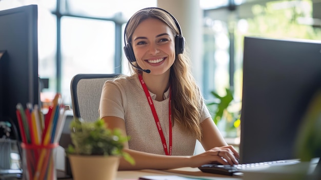 Photo a woman with a headset is sitting at a desk with a computer monitor and a plant in the background