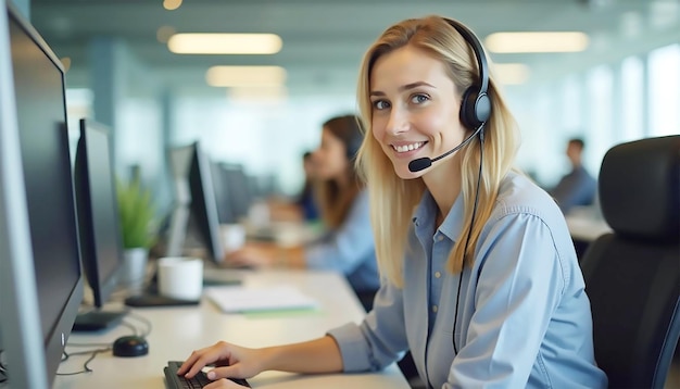 Photo a woman with a headset is sitting at a desk with a headset