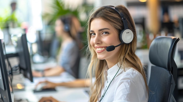 Photo a woman with a headset is talking on a headset