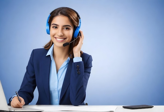 a woman with a headset talks on a phone