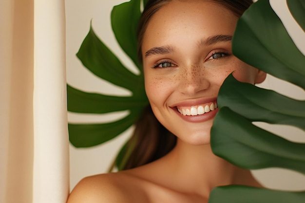 A woman with healthy radiant skin hiding behind large monstera leaf smiling at the camera the back