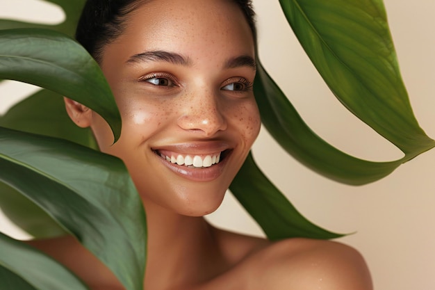 A woman with healthy radiant skin hiding behind large monstera leaf smiling at the camera the back