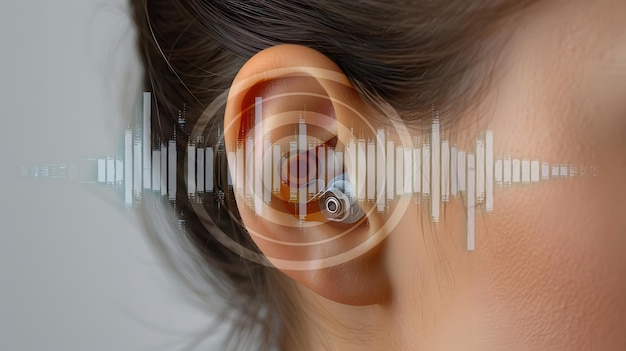 Photo woman with hearing aid in the background sound wave simulation technology closing