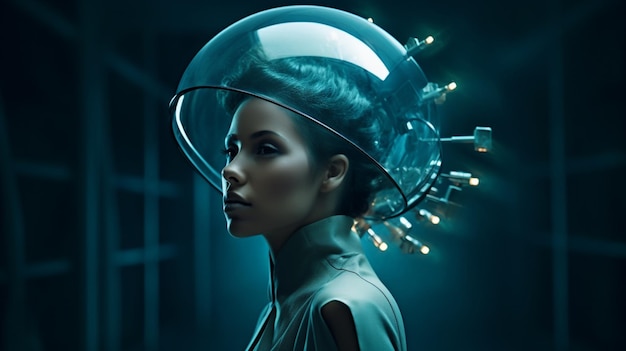 A woman with a helmet and a helmet that says'cyberpunk '