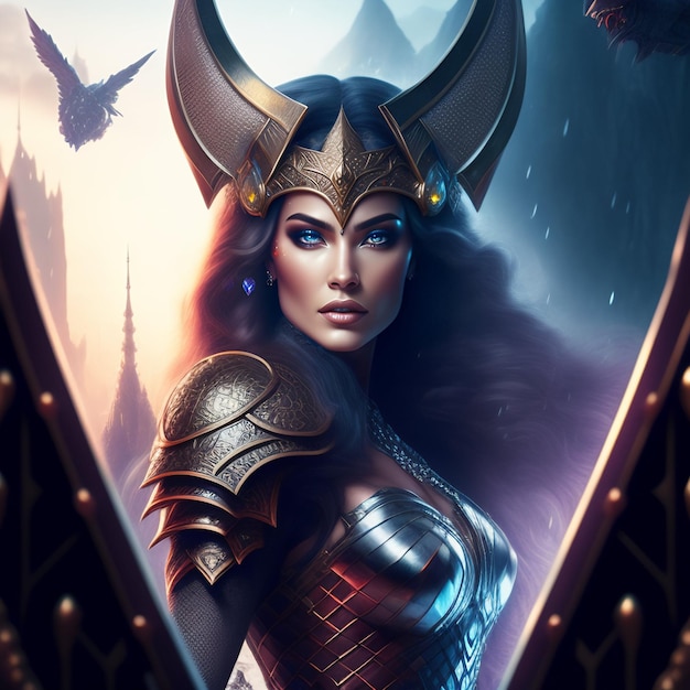 A woman with a helmet and horns is standing in front of a mountain.