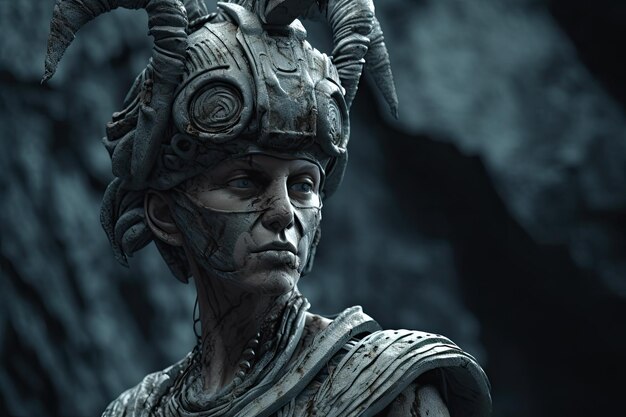 A woman with a helmet and horns stands in front of a cave.