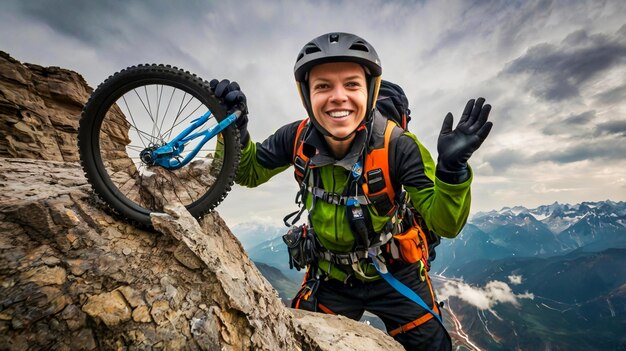 a woman with a helmet on is smiling at the camera while on a mountain top