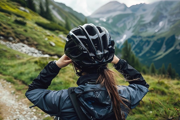 A woman with a helmet on walking up a trail