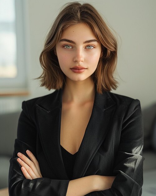 a woman with her arms crossed and a black jacket with her arms crossed