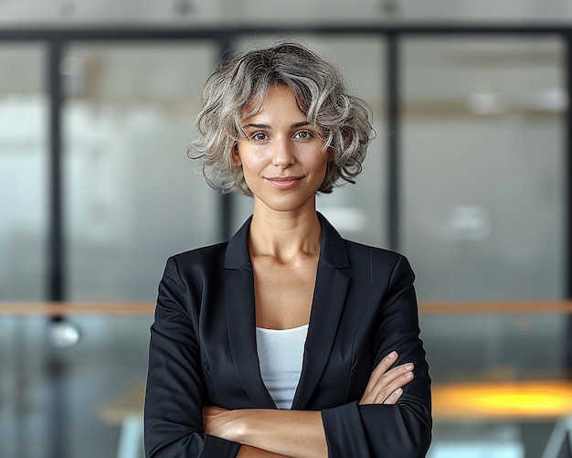 a woman with her arms crossed and a black jacket with her arms crossed