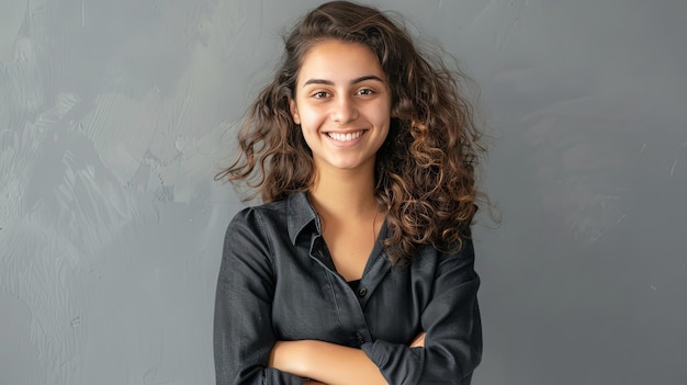 a woman with her arms crossed and a black shirt on gray background