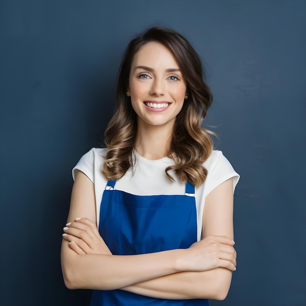 a woman with her arms crossed and a blue and white shirt with a white and blue stripe